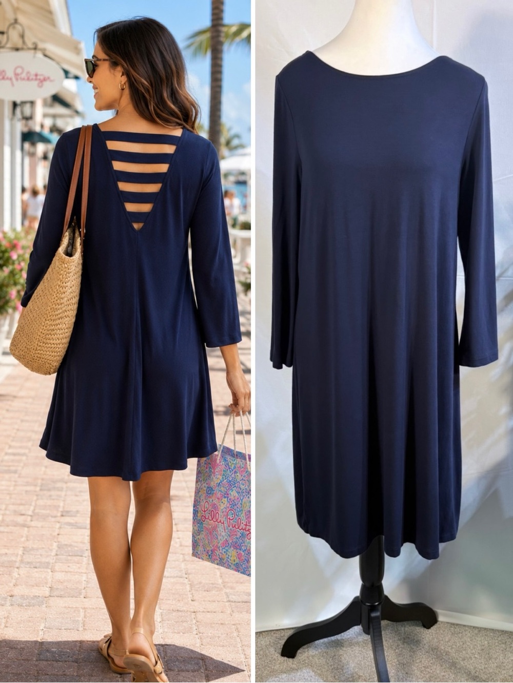 Lilly Pulitzer Ophelia Navy Swing Dress Ladder Cut-Out Back 3/4 Sleeve Sz M🧡